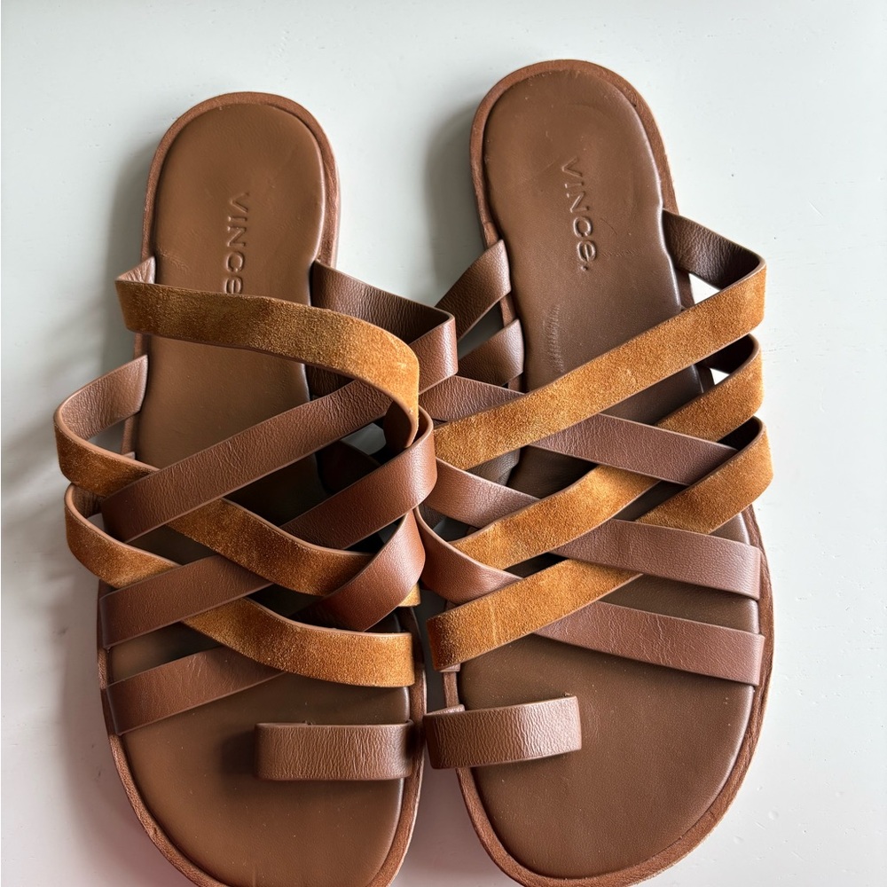 Vince Brown Strappy Sandals with Woven Design